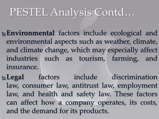 PESTEL Analysis Contd…
Environmental factors include ecological and
environmental aspects such as weather, climate,
and climate change, which may especially affect
industries such as tourism, farming, and
insurance.
Legal factors include discrimination
law, consumer law, antitrust law, employment
law, and health and safety law. These factors
can affect how a company operates, its costs,
and the demand for its products.
 