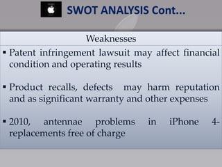 Weaknesses
 Patent infringement lawsuit may affect financial
condition and operating results
 Product recalls, defects may harm reputation
and as significant warranty and other expenses
 2010, antennae problems in iPhone 4-
replacements free of charge
SWOT ANALYSIS Cont...
 