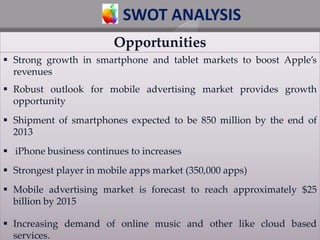 Opportunities
 Strong growth in smartphone and tablet markets to boost Apple’s
revenues
 Robust outlook for mobile advertising market provides growth
opportunity
 Shipment of smartphones expected to be 850 million by the end of
2013
 iPhone business continues to increases
 Strongest player in mobile apps market (350,000 apps)
 Mobile advertising market is forecast to reach approximately $25
billion by 2015
 Increasing demand of online music and other like cloud based
services.
SWOT ANALYSIS
 