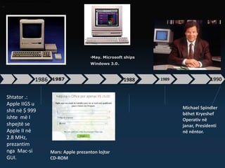 1988 198919871986 1990
Shtator .:
Apple IIGS u
shit në $ 999
ishte më I
shpejtë se
Apple II në
2.8 MHz,
prezantim
nga Mac-si
GUI.
Mars: Apple prezanton lojtar
CD-ROM
Michael Spindler
bëhet Kryeshef
Operativ në
janar, Presidenti
në nëntor.
•First PCs with 80486 CPU ship.
•May. Microsoft ships
Windows 3.0.
 
