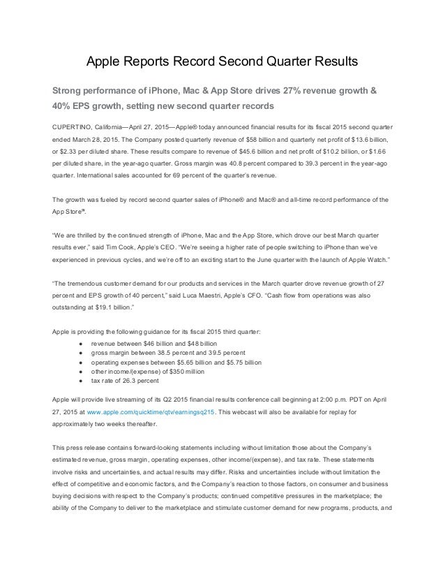 Apple q2 2015 earnings report press release april 27, 2015