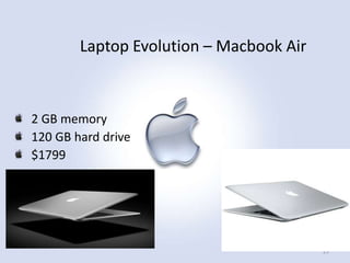 Laptop Evolution – Macbook Air

2 GB memory
120 GB hard drive
$1799

25

 