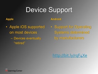Device Support
Apple                          Android

• Apple iOS supported          • Support for Operating
  on most devices                Systems determined
   – Devices eventually          by manufacturers
     “retired”


                                http://bit.ly/rqF4Xe


                          12
 