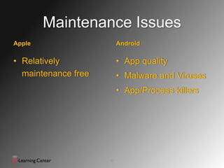 Maintenance Issues
Apple                     Android

• Relatively              • App quality
  maintenance free        • Malware and Viruses
                          • App/Process killers




                     17
 