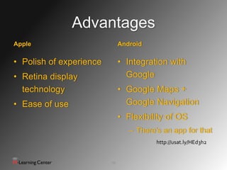 Advantages
Apple                         Android

• Polish of experience        • Integration with
• Retina display                Google
  technology                  • Google Maps +
• Ease of use                   Google Navigation
                              • Flexibility of OS
                                 – There’s an app for that
                                         http://usat.ly/HEd3h2


                         19
 