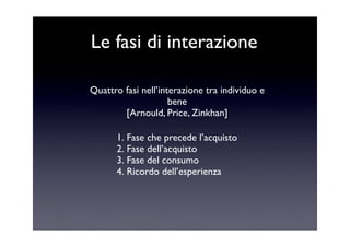 Le fasi di interazione

Quattro fasi nell’interazione tra individuo e
                     bene
        [Arnould, Price, Z...