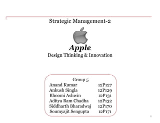 Apple
Strategic Management-2
1
Group 5
Anand Kumar 12P127
Ankush Singla 12P129
Bhoomi Ashwin 12P131
Aditya Ram Chadha 12P132
Siddharth Bharadwaj 12P170
Soumyajit Sengupta 12P171
Design Thinking & Innovation
 