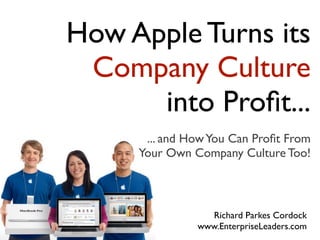How Apple Turns its
 Company Culture
      into Proﬁt...
      ... and How You Can Proﬁt From
     Your Own Company Culture Too!



                 Richard Parkes Cordock
               www.EnterpriseLeaders.com
 