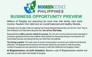 PHILIPPINES
BUSINESS OPPORTUNITY PREVIEW
Millions of Peoples are searching for more time with family, earn extra
income, freedom from debt and an overall balanced and healthy lifestyle.
Individuals from all walks of life are realizing that through BiogreenScience they can find the "more" they've
been looking for and help others along the way. You can too. Start today.
BiogreenScience offers a proven vehicle for success. You can earn income quickly and take advantage of
a business opportunity that can last a lifetime. Many families are discovering the joys of running their own
home based business and seeing that they can reach their true potential.
Your timing is perfect. The major areas of concern among today's consumers are nutritional and financial
well being. The Biogreenscience products and business opportunity are poised to meet the growing
numbers of peoples who are searching for answers to meet their healthcare and budgetary needs.
At Biogreenscience, we build champions. Become a part of Biogreenscience member and
see how you can reach new levels of success.
 