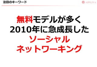 注目のキーワード




   無料モデルが多く
  2010年に急成長した
     ソーシャル
   ネットワーキング
 
