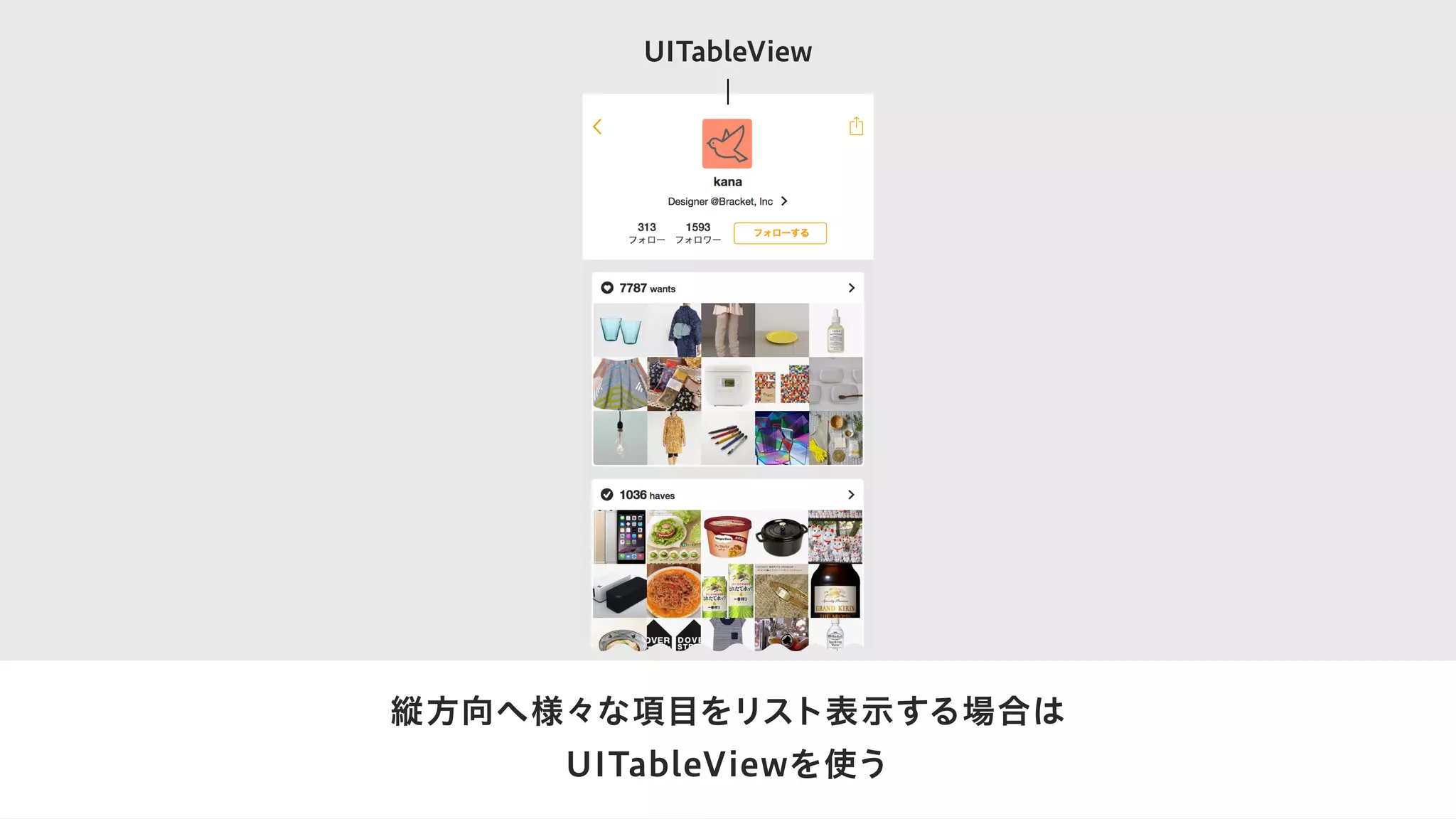 縦方向へ様々な項目をリスト表示する場合は
UITableViewを使う
UITableView
 