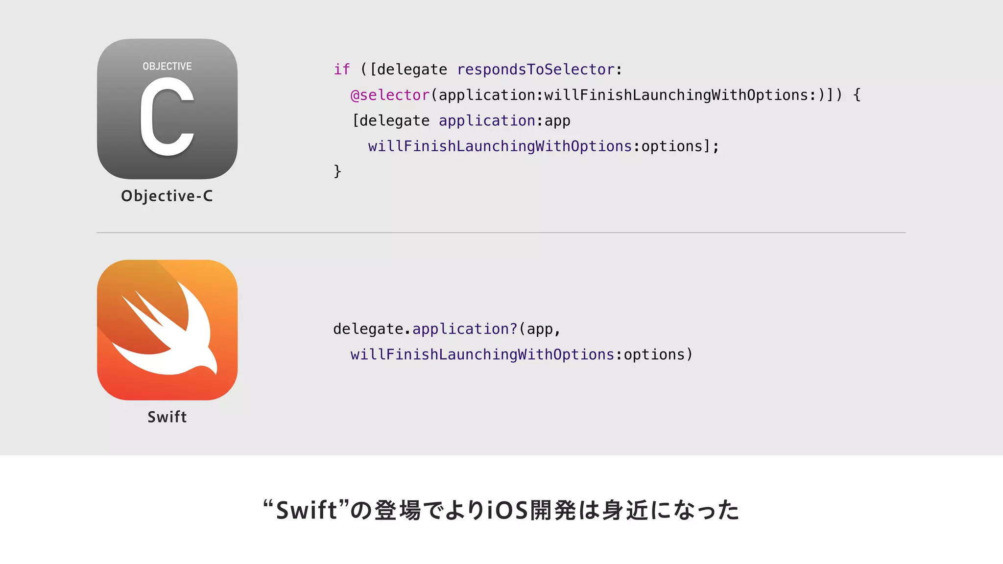 Swift の登場でよりiOS開発は身近になった
delegate.application?(app,
willFinishLaunchingWithOptions:options)
Swift
Objective-C
if ([delegate respondsToSelector:
@selector(application:willFinishLaunchingWithOptions:)]) {
[delegate application:app
willFinishLaunchingWithOptions:options];
}
 