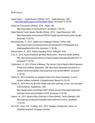 References
Apple History — Apple Museum [Online], 2015. . Apple Meuseum. URL
http://www.applemuseum.com/en/apple-history (accessed 11.30.18).
Apple and Procurement [Online], 2018. . Apple. URL
https://www.apple.com/procurement/ (accessed 11.30.18).
Apple Reports Fourth Quarter Results [Online], 2018. . Apple Newsroom. URL
https://www.apple.com/newsroom/2018/11/apple-reports-fourth-quarter-results/
(accessed 11.29.18).
Mourdoukoutas, P., 2011. Apple’s four challenges [Online]. Forbes. URL
https://www.forbes.com/sites/panosmourdoukoutas/2011/10/05/apples-four-
challenges/#5ece39cc149e (accessed 11.30.18).
Bobrow-Strain, A., 2012. Apple’s Appalling Ethics. Huffington Post.
Cina, A., 2018. Apple employees get these flashy perks - Business Insider [Online].
URL https://www.businessinsider.com/perks-apple-employees-benefits-2017-11
(accessed 11.30.18).
Cuthbertson, A., 2017. iPhone X Release: The Human Cost of Apple’s Most Expensive
iPhone Ever [Online]. Newsweek. URL https://www.newsweek.com/iphone-x-
release-human-cost-apples-most-expensive-ever-iphone-699901 (accessed
11.30.18).
Dobbs, M., 2014. Guidelines for applying Porter’s five forces framework: a set of
industry analysis templates. Competitiveness Review 24, 32–45.
Fignas, R., 2018. Here are all of the Apple retail store openings, moves, and remodels
in 2018 [Online]. AppleInsider. URL
https://appleinsider.com/articles/18/07/14/here-are-all-of-the-apple-retail-store-
openings-moves-and-remodels-in-2018 (accessed 11.30.18).
Hayoun, M., 2017. Apple’s Ethics Dilemma in China [Online]. Pacific Standard. URL
https://psmag.com/economics/apples-ethics-dilemma-in-china (accessed
11.30.18).
Hill, C.W., Jones, G.R., Schilling, M.A., 2014. Strategic management: theory: an
integrated approach. Cengage Learning.
 