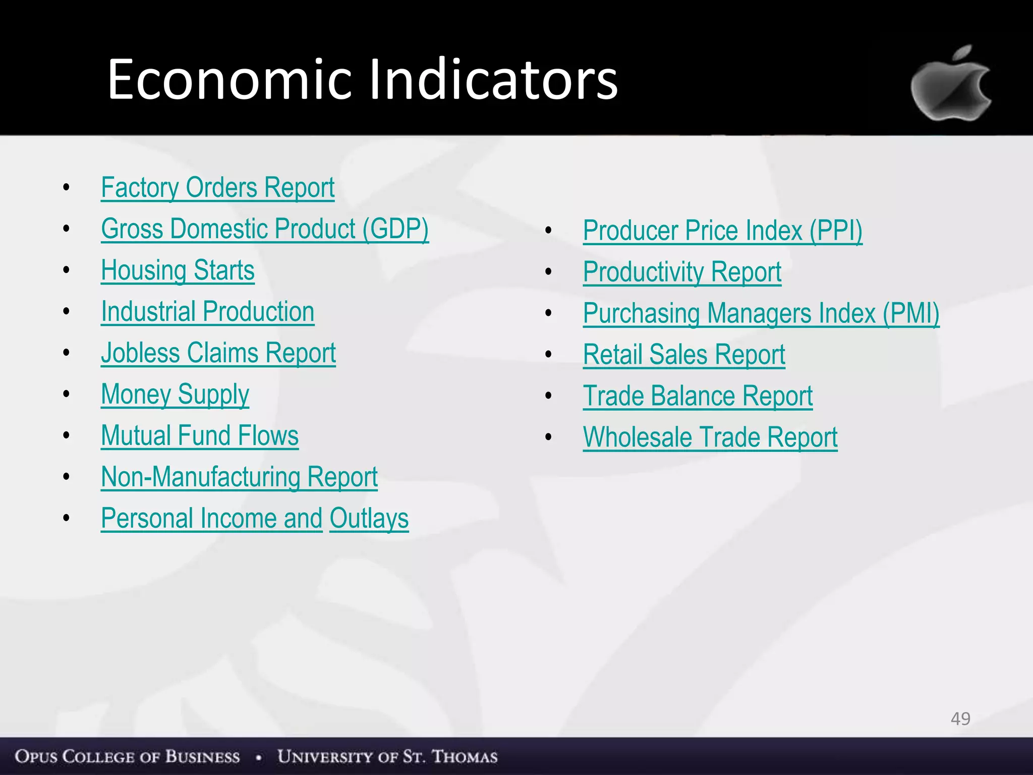 • Factory Orders Report
• Gross Domestic Product (GDP)
• Housing Starts
• Industrial Production
• Jobless Claims Report
• Money Supply
• Mutual Fund Flows
• Non-Manufacturing Report
• Personal Income and Outlays
• Producer Price Index (PPI)
• Productivity Report
• Purchasing Managers Index (PMI)
• Retail Sales Report
• Trade Balance Report
• Wholesale Trade Report
49
Economic Indicators
 