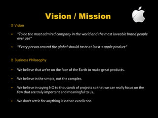 AGENDA Company profile. History 	 Corporate Culture  …  The Incredible “Steve Jobs” Mission, Business Philosophy and Vision. Environmental & Industry scanning	 PEST 	 Porter’s 5 Forces	 Value Chain Analysis	 SWOT Hierarchy of Strategy	 Corporate analysis	 Business analysis	 Life cycle	 BCG Matrix  	 Recommendations