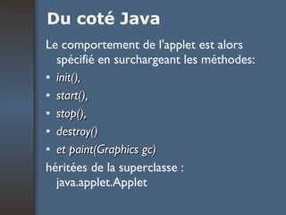 Du coté Java Le comportement de l'applet est alors spécifié en surchargeant les méthodes:  init(), start(),  stop(),  destroy() et paint(Graphics gc)  héritées de la superclasse : java.applet.Applet  