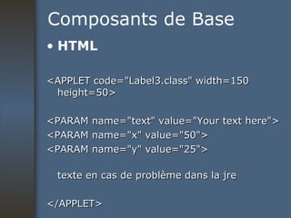 Composants de Base HTML <APPLET code="Label3.class" width=150 height=50> <PARAM name="text" value="Your text here"> <PARAM name="x" value="50"> <PARAM name="y" value="25"> texte en cas de problème dans la jre </APPLET> 