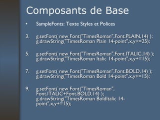 Composants de Base SampleFonts: Texte Styles et Polices g.setFont( new Font("TimesRoman",Font.PLAIN,14) ); g.drawString("TimesRoman Plain 14-point",x,y+=25); g.setFont( new Font("TimesRoman",Font.ITALIC,14) ); g.drawString("TimesRoman Italic 14-point",x,y+=15); g.setFont( new Font("TimesRoman",Font.BOLD,14) ); g.drawString("TimesRoman Bold 14-point",x,y+=15); g.setFont( new Font("TimesRoman", Font.ITALIC+Font.BOLD,14) ); g.drawString("TimesRoman BoldItalic 14-point",x,y+=15); 