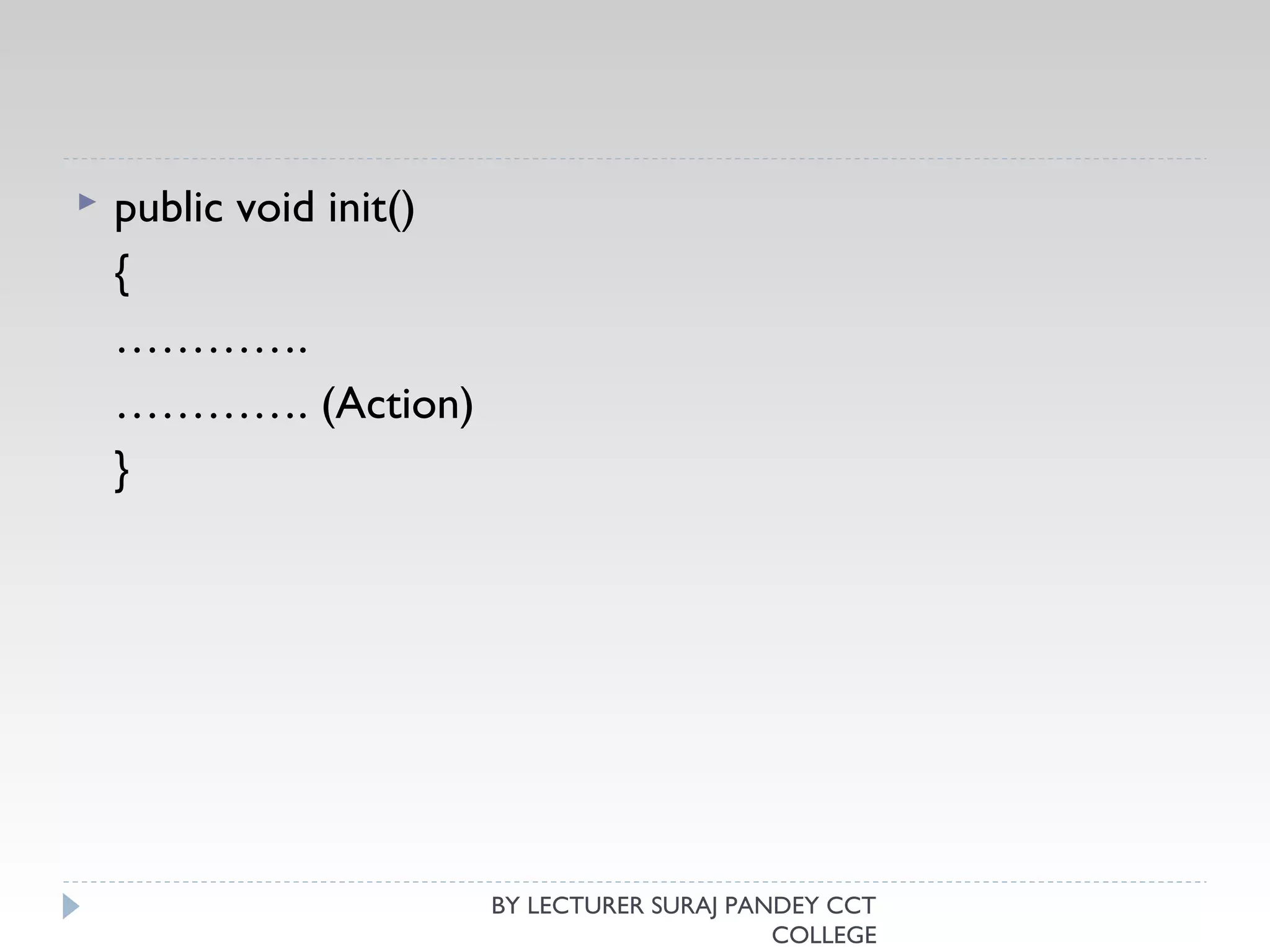  public void init()
{
………….
…………. (Action)
}
BY LECTURER SURAJ PANDEY CCT
COLLEGE
 