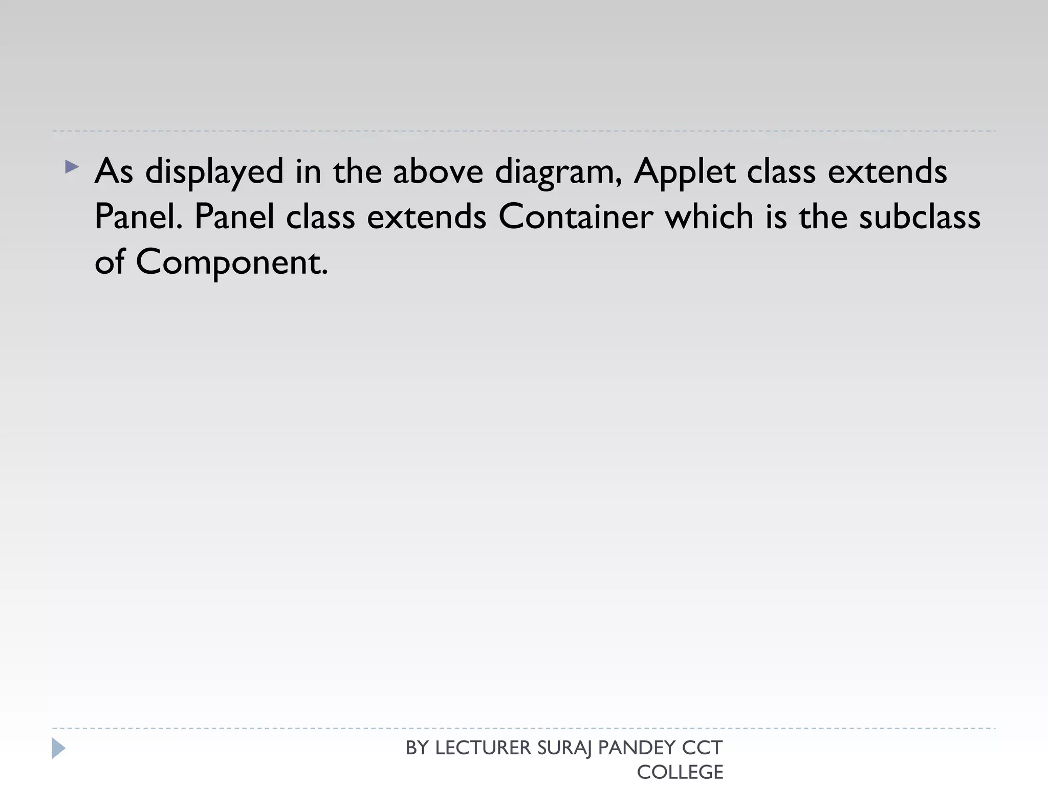 As displayed in the above diagram, Applet class extends
Panel. Panel class extends Container which is the subclass
of Component.
BY LECTURER SURAJ PANDEY CCT
COLLEGE
 