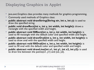 Displaying Graphics in Applet
 java.awt.Graphics class provides many methods for graphics programming.
 Commonly used methods of Graphics class:
 public abstract void drawString(String str, int x, int y): is used to
draw the specified string.
 public void drawRect(int x, int y, int width, int height): draws a
rectangle with the specified width and height.
 public abstract void fillRect(int x, int y, int width, int height): is
used to fill rectangle with the default color and specified width and height.
 public abstract void drawOval(int x, int y, int width, int height): is
used to draw oval with the specified width and height.
 public abstract void fillOval(int x, int y, int width, int height): is
used to fill oval with the default color and specified width and height.
 public abstract void drawLine(int x1, int y1, int x2, int y2): is used
to draw line between the points(x1, y1) and (x2, y2).
BY LECTURER SURAJ PANDEY CCT
COLLEGE
 