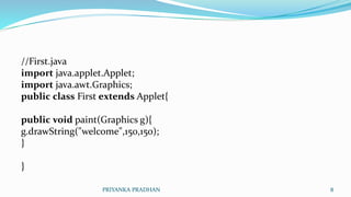 //First.java
import java.applet.Applet;
import java.awt.Graphics;
public class First extends Applet{
public void paint(Graphics g){
g.drawString("welcome",150,150);
}
}
PRIYANKA PRADHAN 8
 