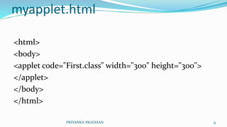 myapplet.html
<html>
<body>
<applet code="First.class" width="300" height="300">
</applet>
</body>
</html>
PRIYANKA PRADHAN 9
 