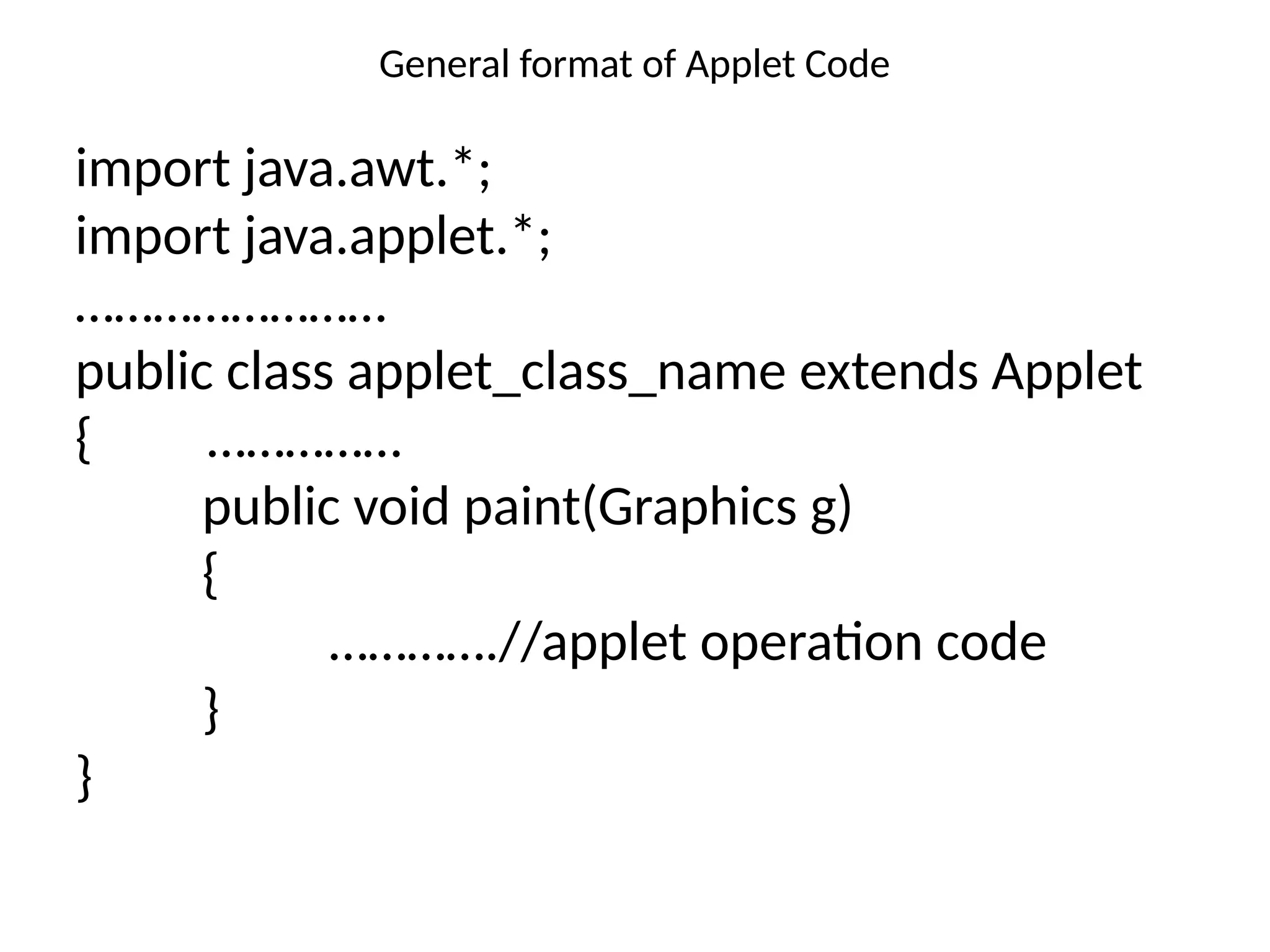 General format of Applet Code
import java.awt.*;
import java.applet.*;
……………………
public class applet_class_name extends Applet
{ ……………
public void paint(Graphics g)
{
………….//applet operation code
}
}
 