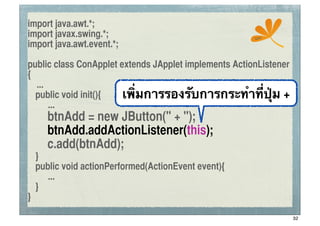 import java.awt.*;
import javax.swing.*;                                  ssc
import java.awt.event.*;

public class ConApplet extends JApplet implements ActionListener
{
   ...
	
 public void init(){  เพิ่มการรองรับการกระทําที่ปุ่ม +
       ...
	
 	
 btnAdd = new JButton(" + ");
	
 	
 btnAdd.addActionListener(this);
	
 	
 c.add(btnAdd);
	
 }
	
 public void actionPerformed(ActionEvent event){
      ...
	
 }
}

                                                                   32
 