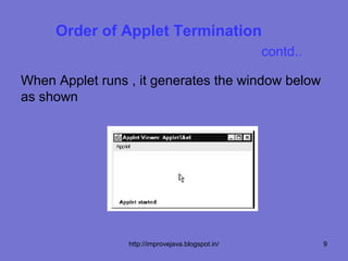 Order of Applet Termination
                                                   contd..

When Applet runs , it generates the window below
as shown




                 http://improvejava.blogspot.in/             9
 