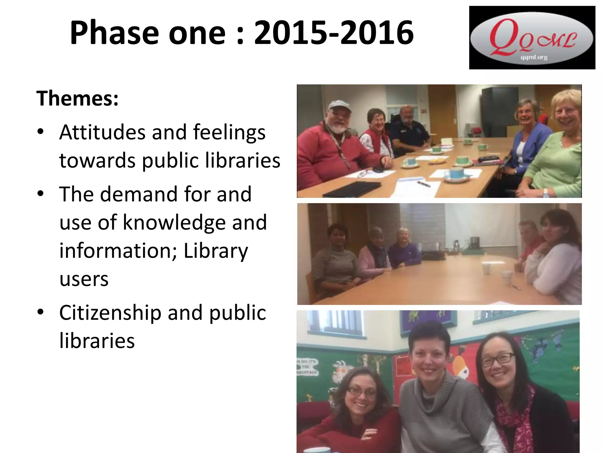 Phase one : 2015-2016
Themes:
• Attitudes and feelings
towards public libraries
• The demand for and
use of knowledge and
information; Library
users
• Citizenship and public
libraries
 