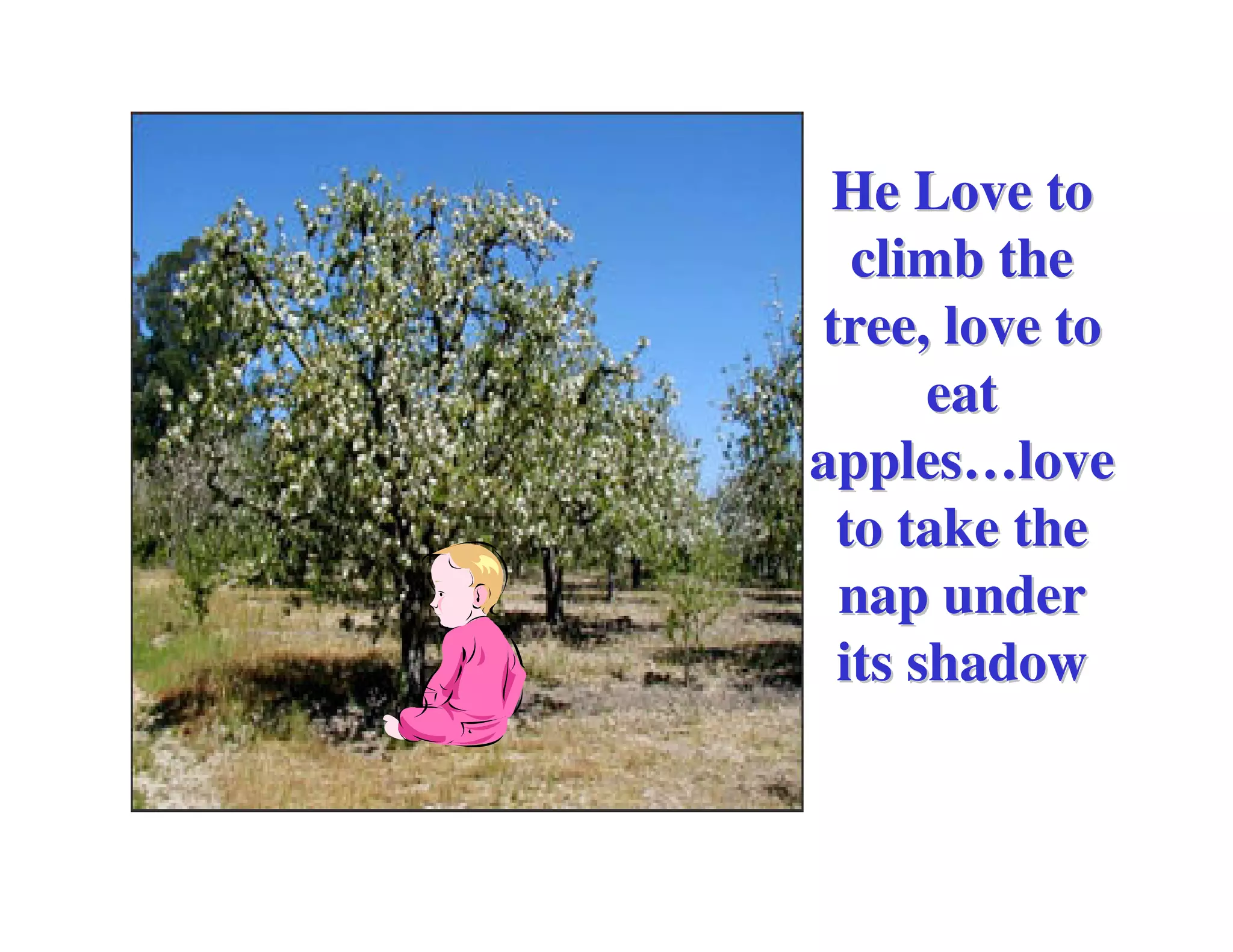 He Love to
  climb the
tree, love to
      eat
apples…love
 to take the
 nap under
 its shadow
 