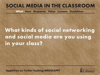 SOCIAL MEDIA IN THE CLASSROOM
      What How Response Value Lessons Guidelines




What kinds of social networking
and social media are you using
in your class?



                                               MEDICAL UNIVERSITY

AppleTree on Twitter hashtag #MUSCAPPT         Library
                                                     of SOUTH CAROLINA
 