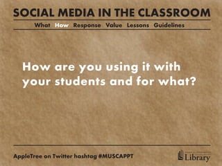 SOCIAL MEDIA IN THE CLASSROOM
      What How Response Value Lessons Guidelines




  How are you using it with
  your students and for what?




                                                   MEDICAL UNIVERSITY

AppleTree on Twitter hashtag #MUSCAPPT         Library
                                                         of SOUTH CAROLINA
 
