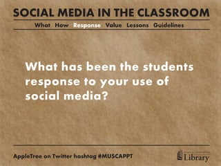 SOCIAL MEDIA IN THE CLASSROOM
      What How Response Value Lessons Guidelines




   What has been the students
   response to your use of
   social media?



                                                   MEDICAL UNIVERSITY

AppleTree on Twitter hashtag #MUSCAPPT         Library
                                                         of SOUTH CAROLINA
 