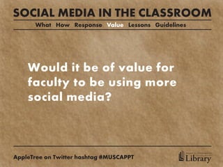 SOCIAL MEDIA IN THE CLASSROOM
      What How Response Value Lessons Guidelines




    Would it be of value for
    faculty to be using more
    social media?



                                               MEDICAL UNIVERSITY

AppleTree on Twitter hashtag #MUSCAPPT         Library
                                                     of SOUTH CAROLINA
 
