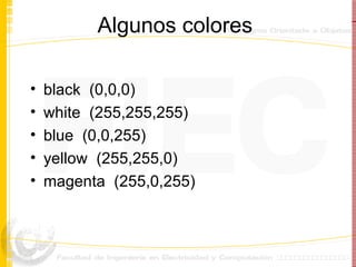 Algunos colores black  (0,0,0)  white  (255,255,255)  blue  (0,0,255) yellow  (255,255,0) magenta  (255,0,255) 