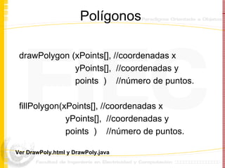 Polígonos drawPolygon (xPoints[], //coordenadas x yPoints[],  //coordenadas y points  )  //número de puntos. fillPolygon(xPoints[], //coordenadas x yPoints[],  //coordenadas y points  )  //número de puntos. Ver DrawPoly.html y DrawPoly.java 