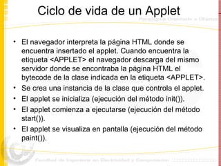 Ciclo de vida de un Applet  El navegador interpreta la página HTML donde se encuentra insertado el applet. Cuando encuentra la etiqueta <APPLET> el navegador descarga del mismo servidor donde se encontraba la página HTML el bytecode de la clase indicada en la etiqueta <APPLET>. Se crea una instancia de la clase que controla el applet.  El applet se inicializa (ejecución del método init()). El applet comienza a ejecutarse (ejecución del método start()). El applet se visualiza en pantalla (ejecución del método paint()). 