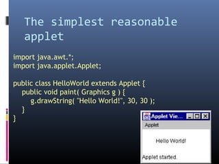 The simplest reasonable
applet
import java.awt.*;
import java.applet.Applet;
public class HelloWorld extends Applet {
public void paint( Graphics g ) {
g.drawString( "Hello World!", 30, 30 );
}
}
 