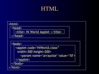 HTML
<html>
<head>
<title> Hi World Applet </title>
</head>
<body>
<applet code="HiWorld.class”
width=300 height=200>
<param name="arraysize" value="10">
</applet>
</body>
</html>
 