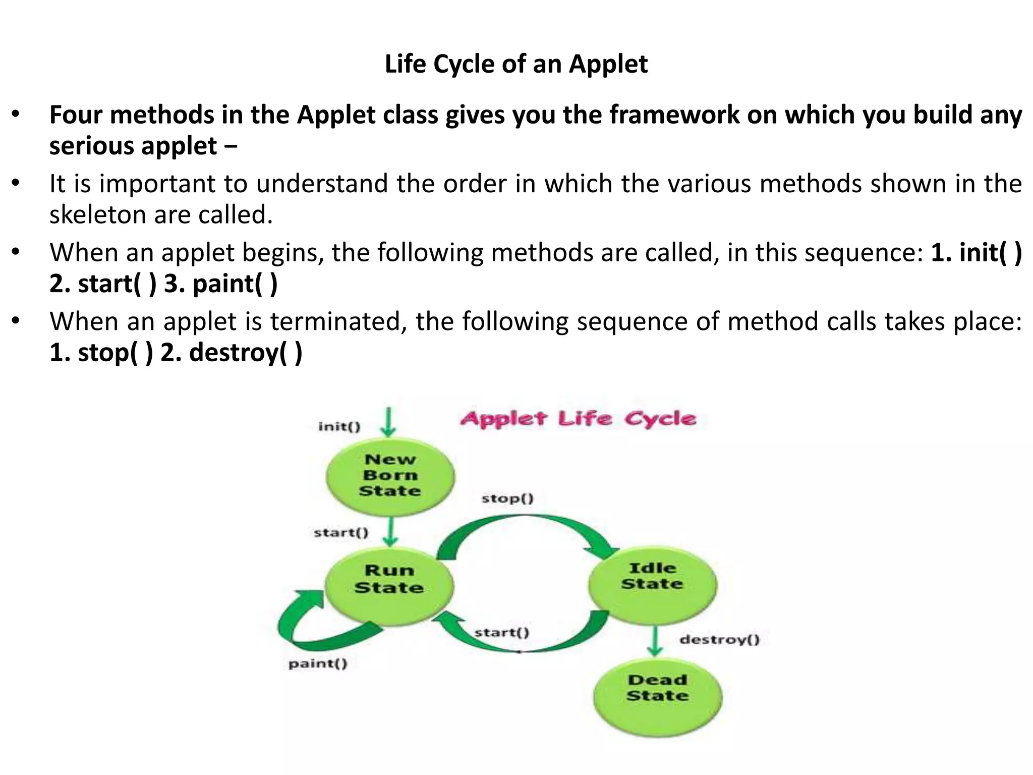 Life Cycle of an Applet
• Four methods in the Applet class gives you the framework on which you build any
serious applet −
• It is important to understand the order in which the various methods shown in the
skeleton are called.
• When an applet begins, the following methods are called, in this sequence: 1. init( )
2. start( ) 3. paint( )
• When an applet is terminated, the following sequence of method calls takes place:
1. stop( ) 2. destroy( )
 