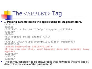 The <APPLET> Tag
 // Passing parameters to the applet using HTML parameters.
<HTML>
<HEAD>
<TITLE>This is the LifeCycle applet!</TITLE>
</HEAD>
<BODY>
<H1>Prepare to be amazed!</H1>
<BR>
<APPLET CODE="LifeCycleApplet.class" WIDTH=600
HEIGHT=50>
<PARAM NAME=color VALUE="blue">
If you can see this, your browser does not support Java
applets
</APPLET>
</BODY>
</HTML>
 The only question left to be answered is this: how does the Java applet
determine the value of the parameters?
 