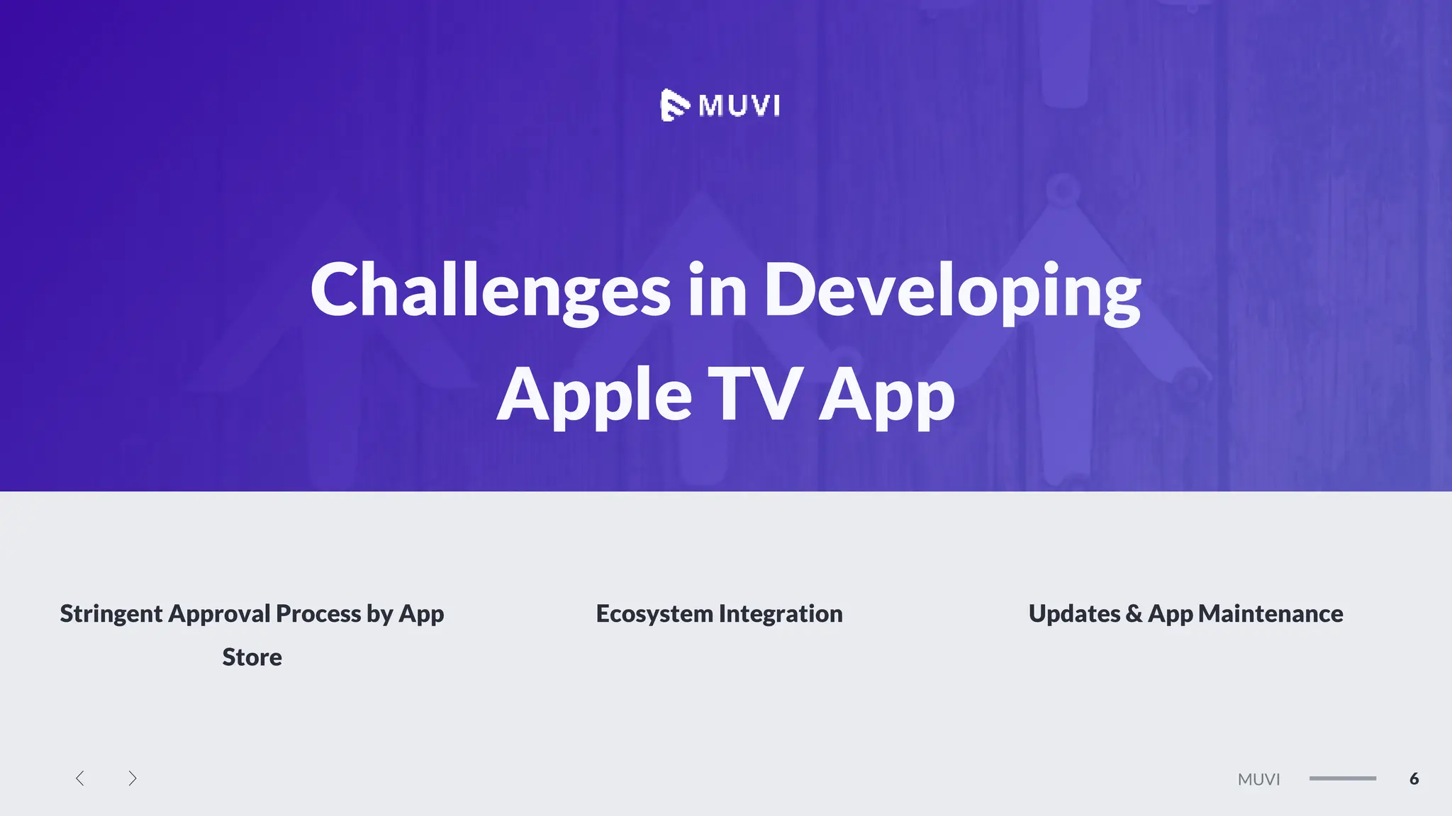 MEGAN
6
MUVI
Challenges in Developing
Apple TV App
Stringent Approval Process by App
Store
Ecosystem Integration Updates & App Maintenance
 