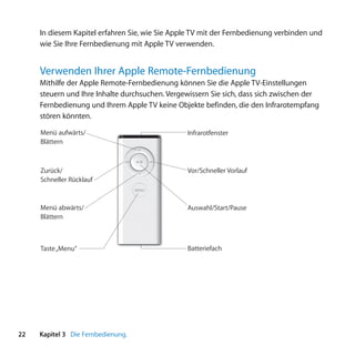 In diesem Kapitel erfahren Sie, wie Sie Apple TV mit der Fernbedienung verbinden und
     wie Sie Ihre Fernbedienung mit Apple TV verwenden.


     Verwenden Ihrer Apple Remote-Fernbedienung
     Mithilfe der Apple Remote-Fernbedienung können Sie die Apple TV-Einstellungen
     steuern und Ihre Inhalte durchsuchen. Vergewissern Sie sich, dass sich zwischen der
     Fernbedienung und Ihrem Apple TV keine Objekte befinden, die den Infrarotempfang
     stören könnten.

     Menü aufwärts/                             Infrarotfenster
     Blättern



     Zurück/                                    Vor/Schneller Vorlauf
     Schneller Rücklauf
                                    MENU



     Menü abwärts/                              Auswahl/Start/Pause
     Blättern



     Taste „Menu“                               Batteriefach




22   Kapitel 3 Die Fernbedienung.
 