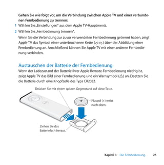 Gehen Sie wie folgt vor, um die Verbindung zwischen Apple TV und einer verbunde-
  nen Fernbedienung zu trennen:
1 Wählen Sie „Einstellungen“ aus dem Apple TV-Hauptmenü.
2 Wählen Sie „Fernbedienung trennen“.
  Wenn Sie die Verbindung zur zuvor verwendeten Fernbedienung getrennt haben, zeigt
  Apple TV das Symbol einer unterbrochenen Kette (    ) über der Abbildung einer
  Fernbedienung an. Anschließend können Sie Apple TV mit einer anderen Fernbedie-
  nung verbinden.


  Austauschen der Batterie der Fernbedienung
  Wenn der Ladezustand der Batterie Ihrer Apple Remote-Fernbedienung niedrig ist,
  zeigt Apple TV das Bild einer Fernbedienung und ein Warnsymbol (·) an. Ersetzen Sie
  die Batterie durch eine Knopfzelle des Typs CR2032.

            Drücken Sie mit einem spitzen Gegenstand auf diese Taste.


                                                     Pluspol (+) weist
                     U
                  EN




                                                     nach oben.
                 M




               Ziehen Sie das
               Batteriefach heraus.




                                                               Kapitel 3 Die Fernbedienung.   25
 