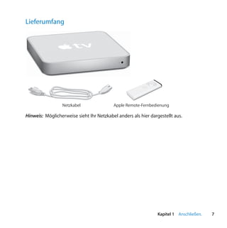 Lieferumfang




                                                         M
                                                         EN
                                                           U




                 Netzkabel                Apple Remote-Fernbedienung

Hinweis: Möglicherweise sieht Ihr Netzkabel anders als hier dargestellt aus.




                                                                Kapitel 1 Anschließen.   7
 