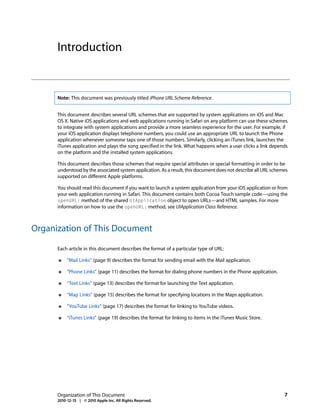 Introduction


      Note: This document was previously titled iPhone URL Scheme Reference.


      This document describes several URL schemes that are supported by system applications on iOS and Mac
      OS X. Native iOS applications and web applications running in Safari on any platform can use these schemes
      to integrate with system applications and provide a more seamless experience for the user. For example, if
      your iOS application displays telephone numbers, you could use an appropriate URL to launch the Phone
      application whenever someone taps one of those numbers. Similarly, clicking an iTunes link, launches the
      iTunes application and plays the song specified in the link. What happens when a user clicks a link depends
      on the platform and the installed system applications.

      This document describes those schemes that require special attributes or special formatting in order to be
      understood by the associated system application. As a result, this document does not describe all URL schemes
      supported on different Apple platforms.

      You should read this document if you want to launch a system application from your iOS application or from
      your web application running in Safari. This document contains both Cocoa Touch sample code—using the
      openURL: method of the shared UIApplication object to open URLs—and HTML samples. For more
      information on how to use the openURL: method, see UIApplication Class Reference.



Organization of This Document

      Each article in this document describes the format of a particular type of URL:

      ●    “Mail Links” (page 9) describes the format for sending email with the Mail application.

      ●    “Phone Links” (page 11) describes the format for dialing phone numbers in the Phone application.

      ●    “Text Links” (page 13) describes the format for launching the Text application.

      ●    “Map Links” (page 15) describes the format for specifying locations in the Maps application.

      ●    “YouTube Links” (page 17) describes the format for linking to YouTube videos.

      ●    “iTunes Links” (page 19) describes the format for linking to items in the iTunes Music Store.




      Organization of This Document                                                                              7
      2010-12-15 | © 2010 Apple Inc. All Rights Reserved.
 