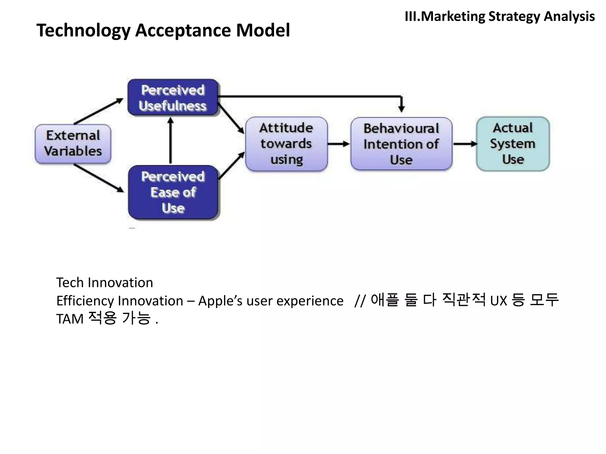 III.Marketing Strategy Analysis
Technology Acceptance Model




  Tech Innovation
  Efficiency Innovation – Apple’s user experience // 애플 둘 다 직관적 UX 등 모두
  TAM 적용 가능 .
 