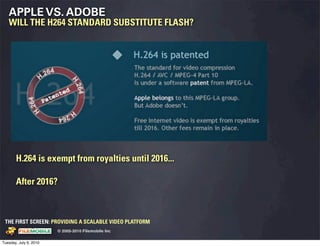 APPLE VS. ADOBE
   WILL THE H264 STANDARD SUBSTITUTE FLASH?




       H.264 is exempt from royalties until 2016...

       After 2016?



 THE FIRST SCREEN: PROVIDING A SCALABLE VIDEO PLATFORM
                                                    © 2005-2010 Filemobile Inc
            Fiem obie Logo w /tuck | FM _Logo_tuck.
              l    l          r               r   eps


Tuesday, July 6, 2010
 